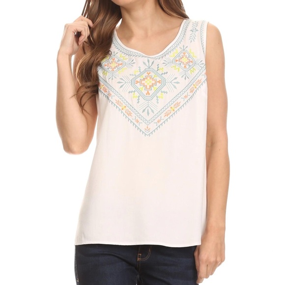 Sakkas Elita Sleeveless Tank Top Batik Aztec Embroidered Shirt Blouse - Picture 1 of 8